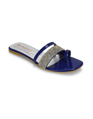 Sabrina Diamante Double Strap Slip on Flat Toe Post Sandals In Navy Patent