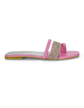 Sabrina Diamante Double Strap Slip on Flat Toe Post Sandals In Pink Patent