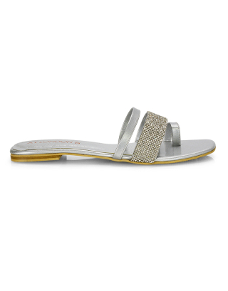 Sabrina Diamante Double Strap Slip on Flat Toe Post Sandals In Silver