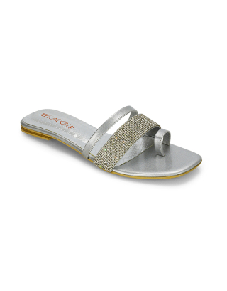 Sabrina Diamante Double Strap Slip on Flat Toe Post Sandals In Silver