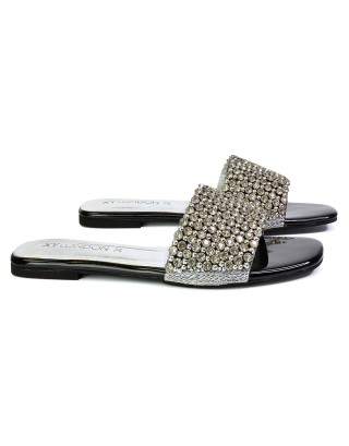 black flat diamante sandals