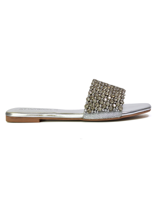silver diamante flat sandals
