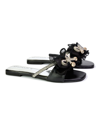 Zendaya Mesh Diamante Bow Flat Sandal Square Toe Bridal Shoes in Black 