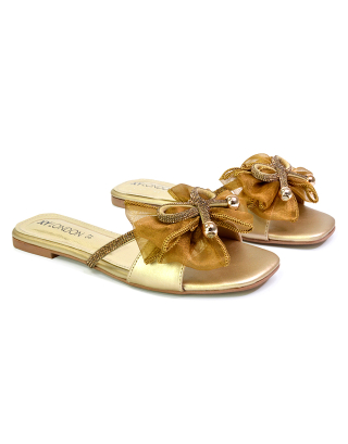 Zendaya Mesh Diamante Bow Flat Sandal Square Toe Bridal Shoes in Gold 