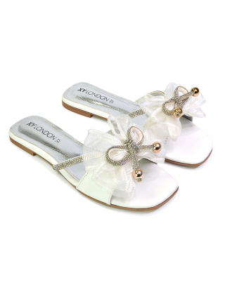 Zendaya Mesh Diamante Bow Flat Sandal Square Toe Bridal Shoes in White