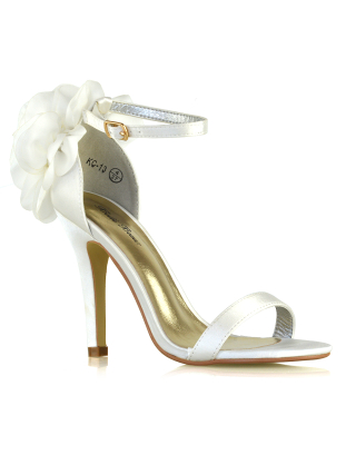 Zola Flower Detail Open Toe Buckle Strappy Bridal High Stiletto Heels in Ivory
