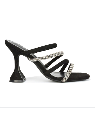 Posie Diamante Strappy Square Toe Sculptured High Heel Wedding Sandals in Black