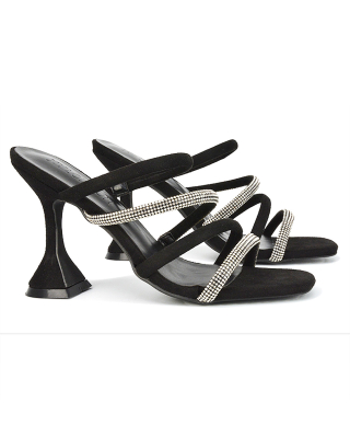 Posie Diamante Strappy Square Toe Sculptured High Heel Wedding Sandals in Black