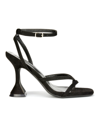 Joni Square Toe Post Block Strappy Sculptured High Heel Sandals in Black Faux Suede