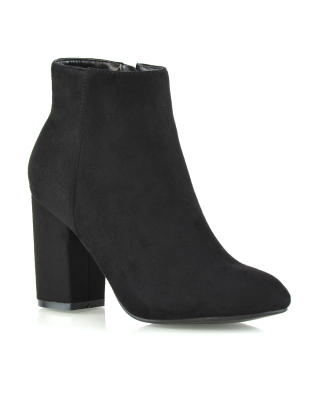 PEACHES CHUNKY BLOCK HIGH HEEL ZIP UP ANKLE WINTER BOOTS IN BLACK