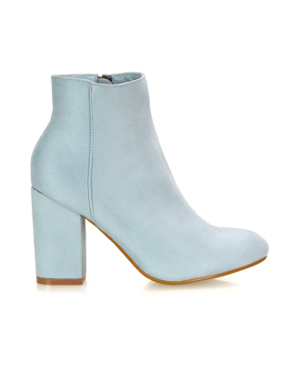 PEACHES CHUNKY BLOCK HIGH HEEL ZIP UP ANKLE WINTER BOOTS IN BLUE FAUX SUEDE