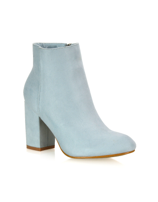 PEACHES CHUNKY BLOCK HIGH HEEL ZIP UP ANKLE WINTER BOOTS IN BLUE FAUX SUEDE