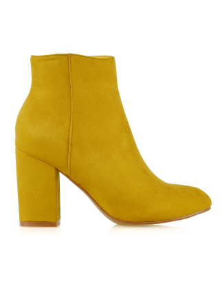 PEACHES CHUNKY BLOCK HIGH HEEL ZIP UP ANKLE WINTER BOOTS IN MUSTARD