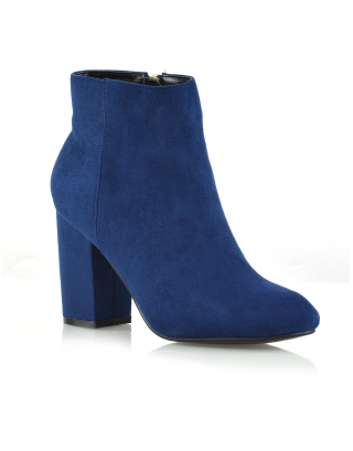 PEACHES CHUNKY BLOCK HIGH HEEL ZIP UP ANKLE WINTER BOOTS IN NAVY FAUX SUEDE