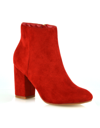 PEACHES CHUNKY BLOCK HIGH HEEL ZIP UP ANKLE WINTER BOOTS IN RED FAUX SUEDE