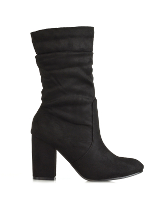BELLE RUCHED SLOUCH BLOCK HIGH HEEL SOCK ANKLE BOOTS IN BLACK FAUX SUEDE