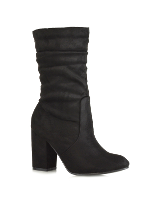 BELLE RUCHED SLOUCH BLOCK HIGH HEEL SOCK ANKLE BOOTS IN BLACK FAUX SUEDE