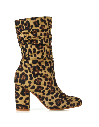 BELLE RUCHED SLOUCH BLOCK HIGH HEEL SOCK ANKLE BOOTS IN LEOPARD