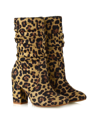 BELLE RUCHED SLOUCH BLOCK HIGH HEEL SOCK ANKLE BOOTS IN LEOPARD