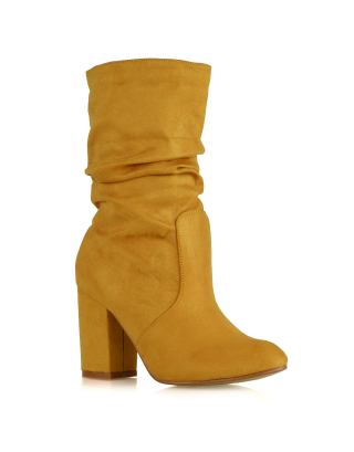 mustard boots, ruched boots, heeled boots