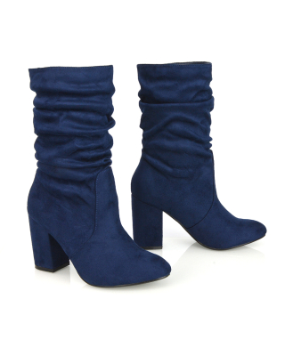 navy boots, block heel boots, heeled ankle boots
