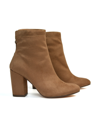 Evia Zip-Up Mid Block Heel Sock Ankle Boots in Tan Faux Suede