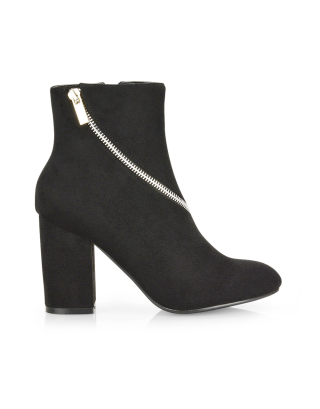 Bethany Zip Up Detail Pointed Toe Block Heeled Ankle Boots in Black Faux Suede