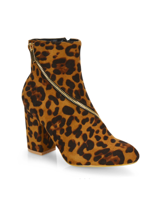 Bethany Zip Up Detail Pointed Toe Block Heeled Ankle Boots in Leopard Print