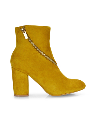 Bethany Zip Up Detail Pointed Toe Block Heeled Ankle Boots in Mustard Faux Suede