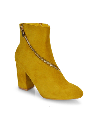 Bethany Zip Up Detail Pointed Toe Block Heeled Ankle Boots in Mustard Faux Suede