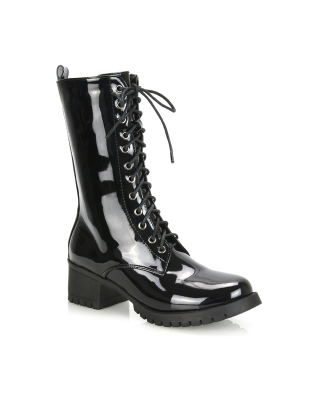 black biker boots, black patent boots, black heeled boots