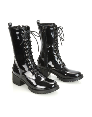 JENNIFER LACE LOW BLOCK HEELED MILITARY BIKER ANKLE BOOTS IN BLACK PATENT