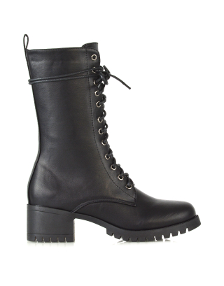 JENNIFER LACE LOW BLOCK HEELED MILITARY BIKER ANKLE BOOTS IN BLACK SYNTHETIC LEATHER