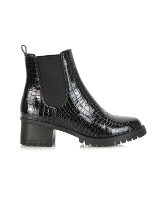 Elsie Chunky Sole Slip on Mid-Blocked Heeled Ankle Chelsea Boots in Black Croc