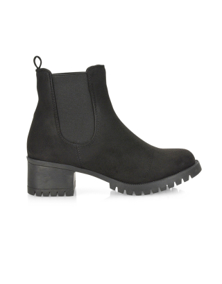 Elsie Chunky Sole Slip on Mid-Blocked Heeled Ankle Chelsea Boots in Black Faux Suede
