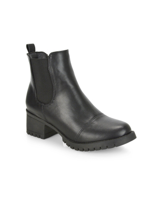 Elsie Chunky Sole Slip on Mid-Blocked Heeled Ankle Chelsea Boots in Black PU