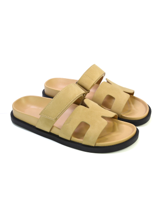 Lydia Cut Out Adjustable Strap Summer Flat Sandal Sliders in Beige