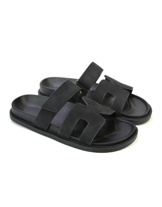 Lydia Cut Out Adjustable Strap Summer Flat Sandal Sliders in Black