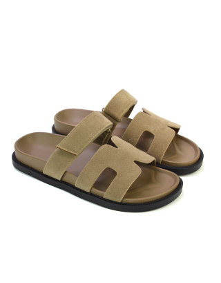 Lydia Cut Out Adjustable Strap Summer Flat Sandal Sliders in Taupe
