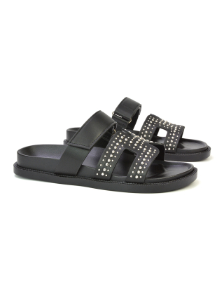 Nicole Diamante Cut Out Adjustable Strappy Flat Sandals Sliders in Black