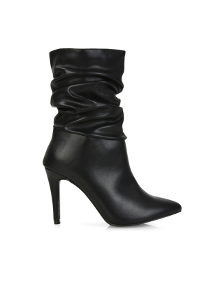 Black Heeled Ankle Boots, Black Ruched Boots, Black High Heel Ankle Boots