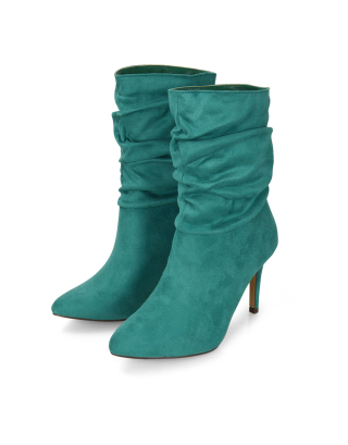 Velma Ruched Pointed Toe Stiletto High Heeled Ankle Boots in Pine Green Faux Suede