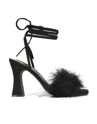 Lovelyn Fluffy Faux Fur Strappy Block Heel Lace Up Sandals in Black Faux Suede