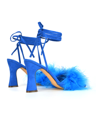 Lovelyn Fluffy Faux Fur Strappy Block Heel Lace Up Sandals in Blue Faux Suede