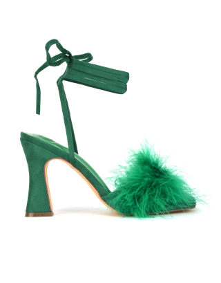 Lovelyn Fluffy Faux Fur Strappy Block Heel Lace Up Sandals in Green Faux Suede