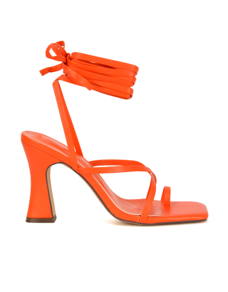 Orange High Heels, Orange Lace Up Heels, Orange Block Heels