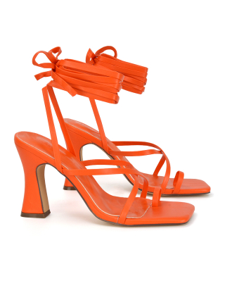 Dylan Square Toe Lace up Strappy Block High Heel Sandals in Orange Synthetic Leather