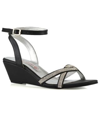 Livvy Diamante Embellished Low Heel Cross Over Strappy Wedge Sandals in Black