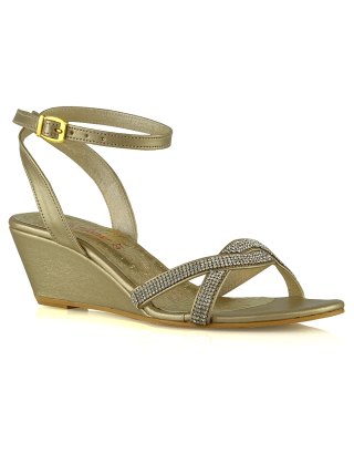 Livvy Diamante Embellished Low Heel Cross Over Strappy Wedge Sandals in Gold