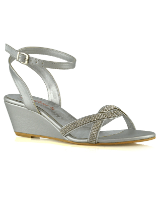Livvy Diamante Embellished Low Heel Cross Over Strappy Wedge Sandals in Silver